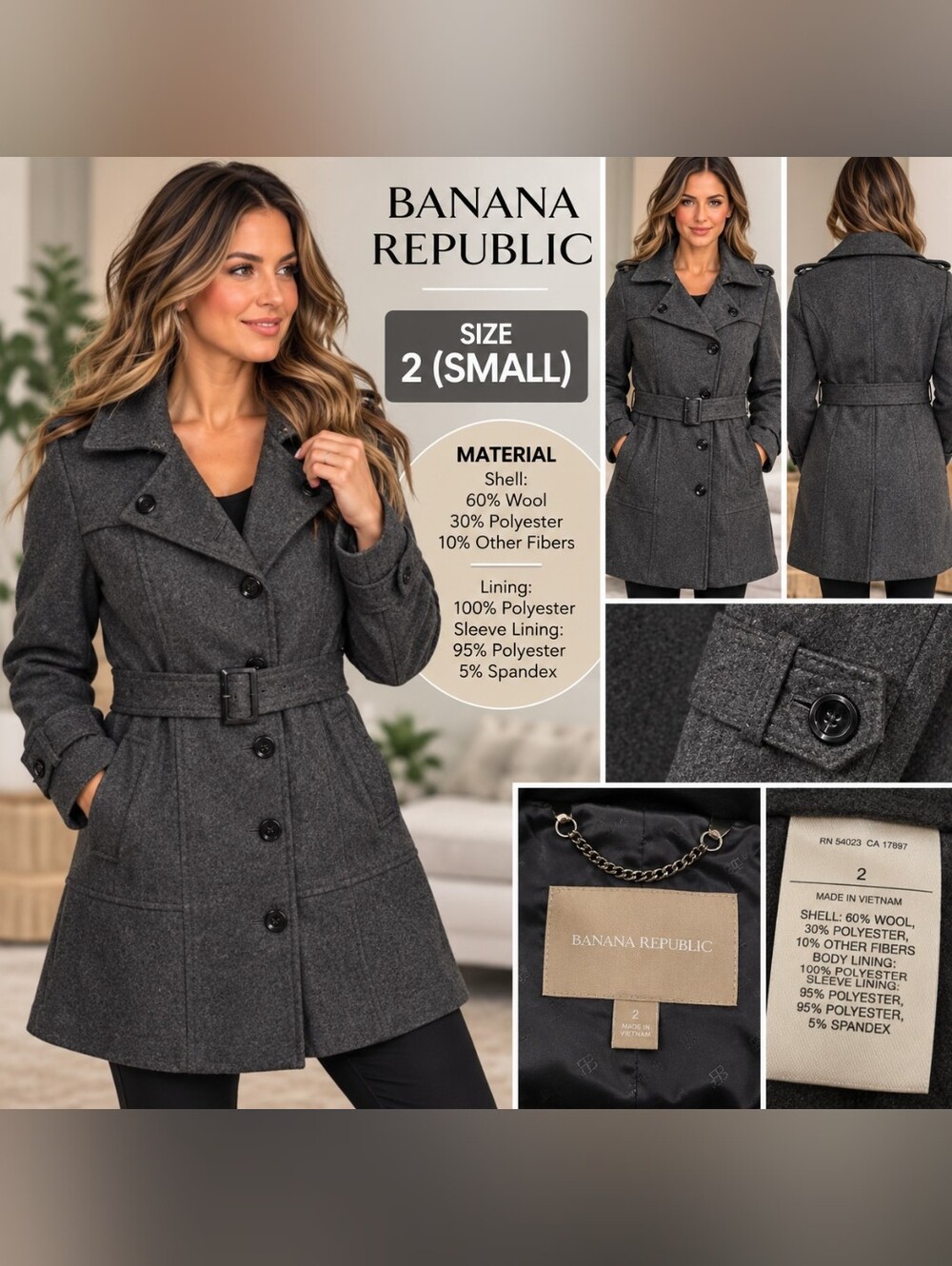 Banana Republic Charcoal Grey Wool Blend Belted Coat Size 2